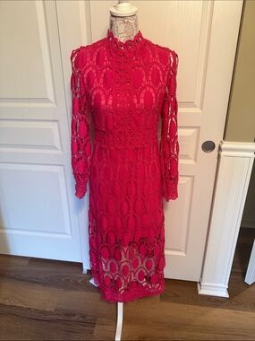 Women’s Hot Pink Crochet Lace Long Sleeve Midi Dress